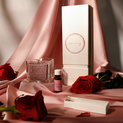 Valentinsky set - perličková sviečka + nádoba + éterický olejček