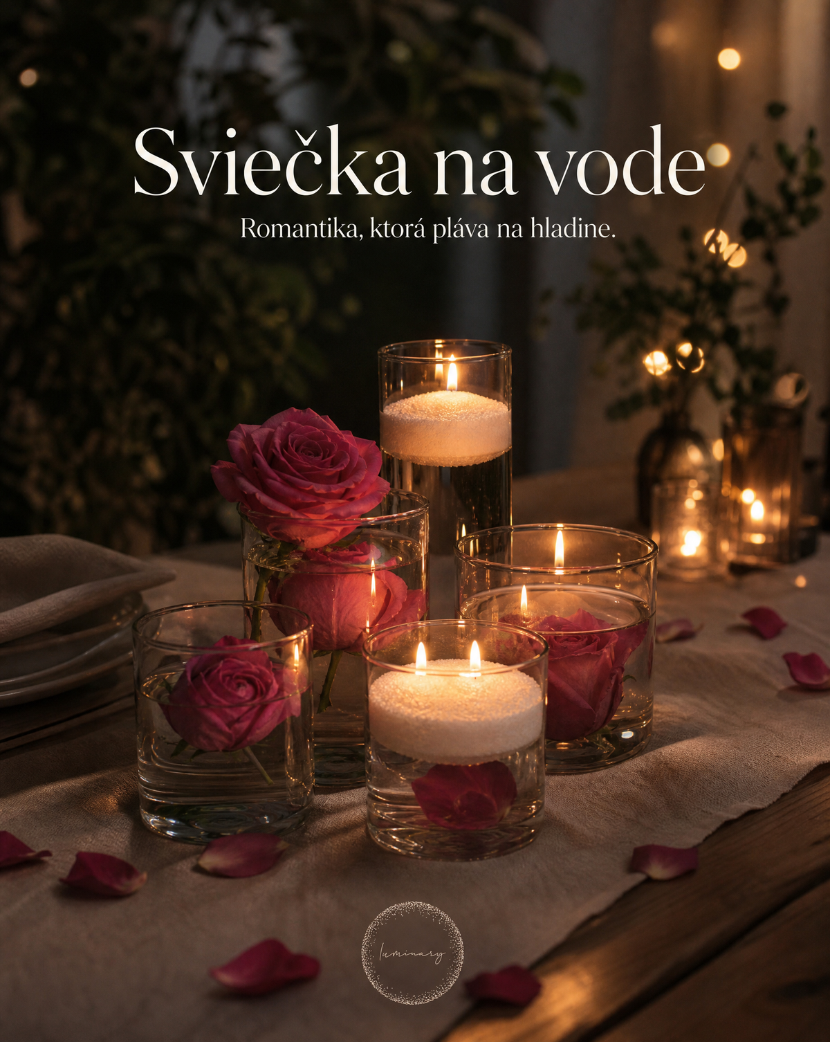 Luminary sviečky z perličkového vosku plávajúce na vode s ružami
